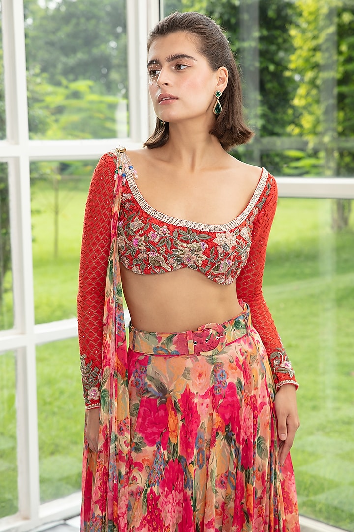Multi-Colored Georgette Printed Draped Skirt Set by Surabhi Gandhi at Pernia's Pop Up Shop