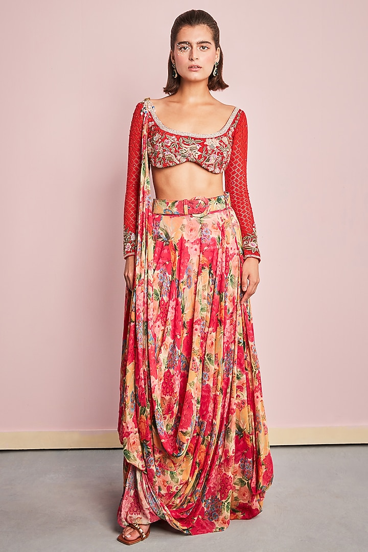 Multi-Colored Georgette Printed Draped Skirt Set by Surabhi Gandhi at Pernia's Pop Up Shop