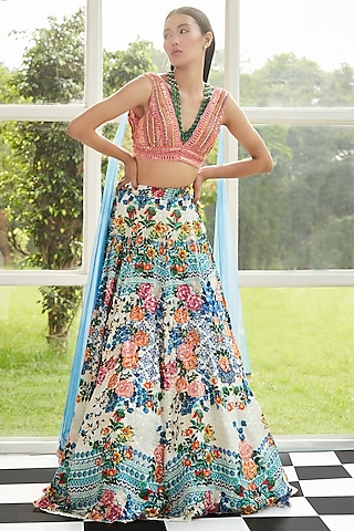 Multi-Colored Satin Georgette Printed Lehenga Set by Surabhi Gandhi