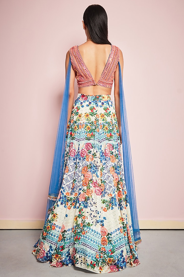 Multi-Colored Satin Georgette Printed Wedding Lehenga Set by Surabhi Gandhi at Pernia's Pop Up Shop