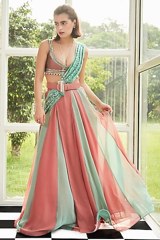 Green & Pink Georgette Draped Saree Set by Surabhi Gandhi