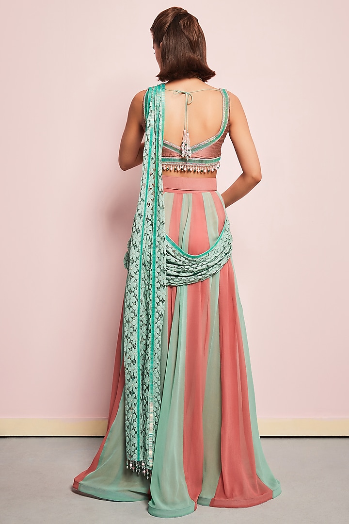 Green & Pink Georgette Draped Wedding Saree Set by Surabhi Gandhi at Pernia's Pop Up Shop