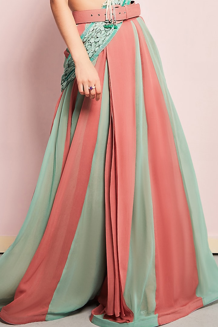 Green & Pink Georgette Draped Wedding Saree Set by Surabhi Gandhi at Pernia's Pop Up Shop