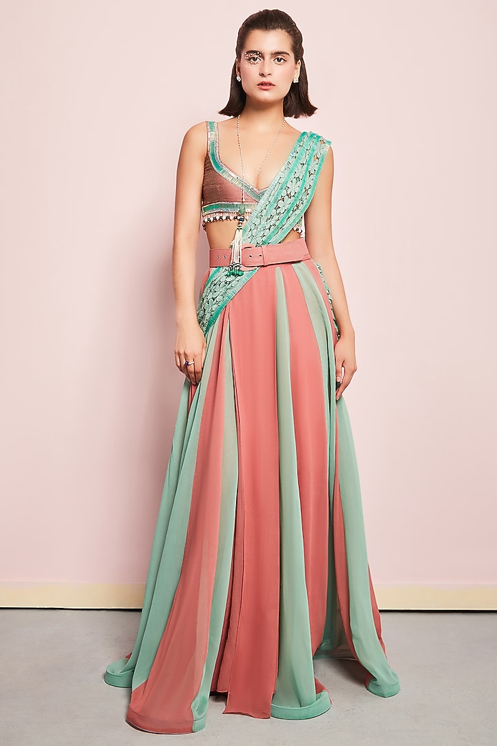 Green & Pink Georgette Draped Wedding Saree Set by Surabhi Gandhi at Pernia's Pop Up Shop
