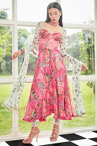 Pink Georgette Printed & Sequins Embroidered Anarkali Set by Surabhi Gandhi