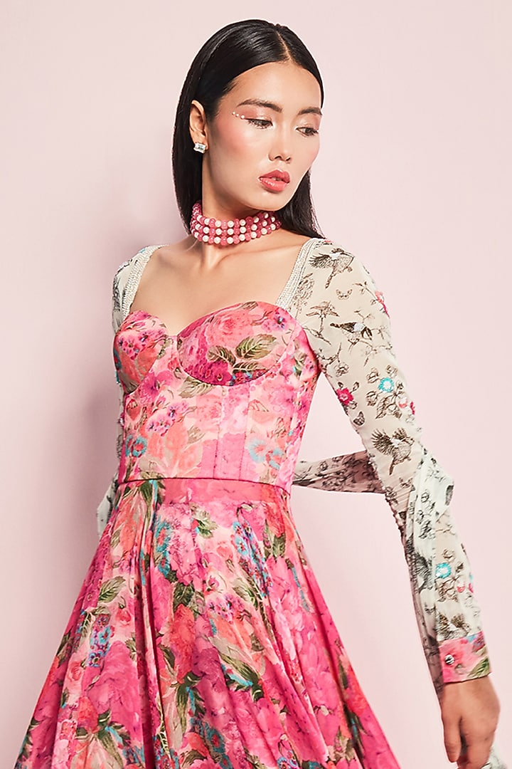 Pink Georgette Printed & Sequins Embroidered Wedding Anarkali Set by Surabhi Gandhi at Pernia's Pop Up Shop