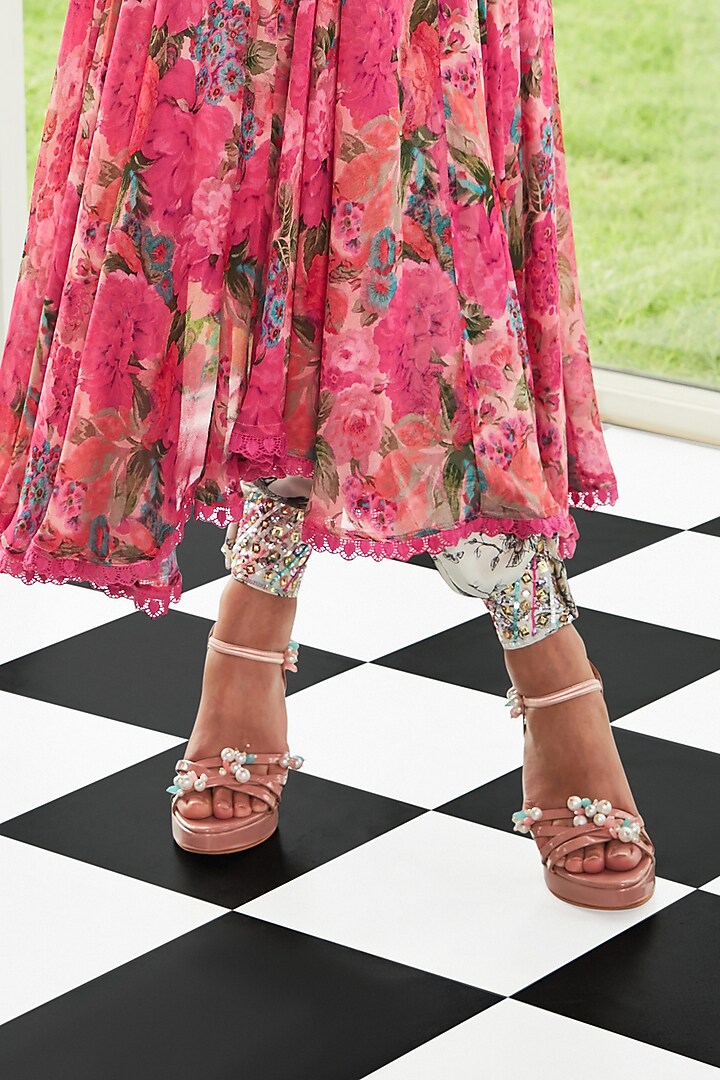 Pink Georgette Printed & Sequins Embroidered Wedding Anarkali Set by Surabhi Gandhi at Pernia's Pop Up Shop