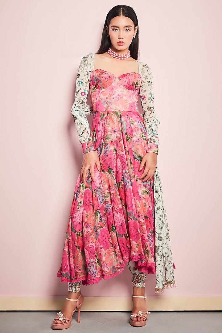 Pink Georgette Printed & Sequins Embroidered Wedding Anarkali Set by Surabhi Gandhi at Pernia's Pop Up Shop