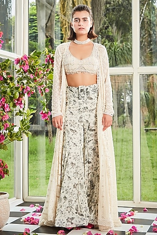 Off-White Lace Crystal Embroidered Cape Set by Surabhi Gandhi
