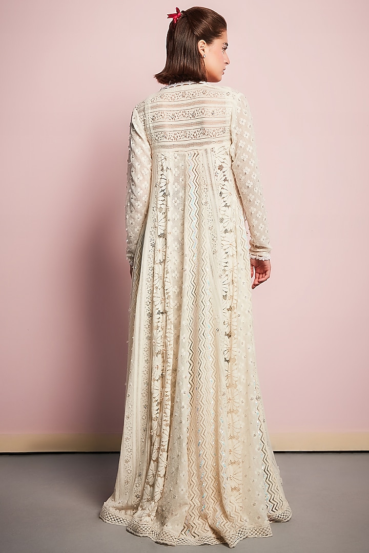 Off-White Lace Crystal Embroidered Cape Set by Surabhi Gandhi at Pernia's Pop Up Shop