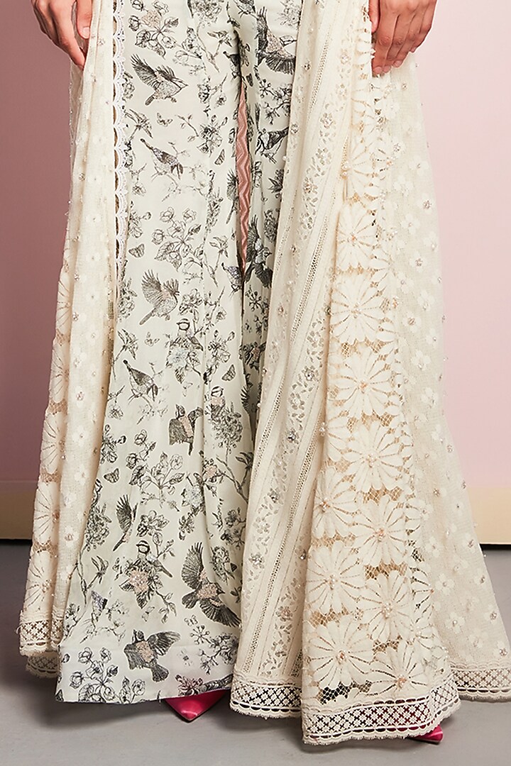 Off-White Lace Crystal Embroidered Cape Set by Surabhi Gandhi at Pernia's Pop Up Shop