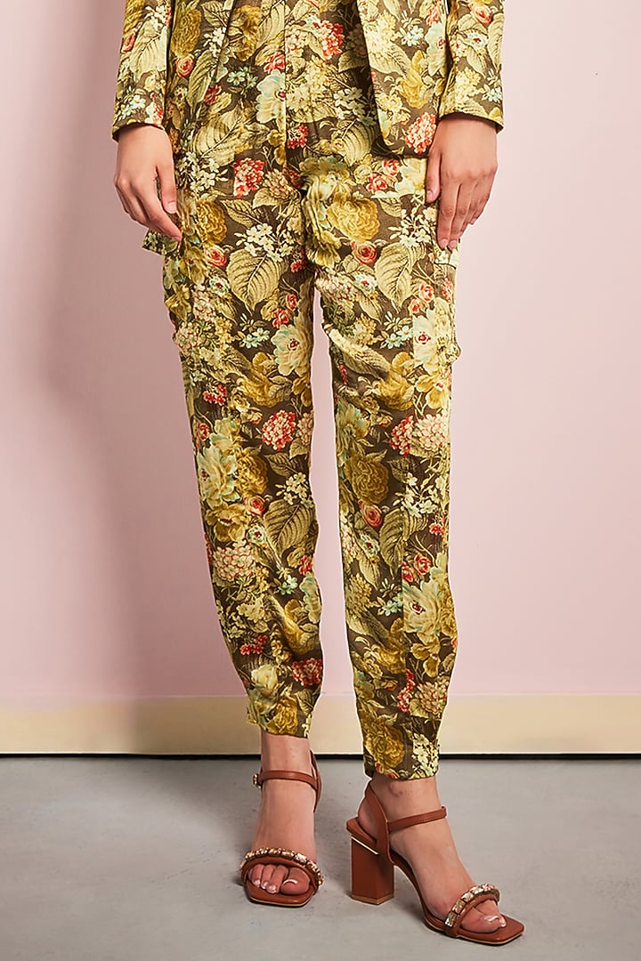 Yellow & Brown Satin Printed Co-Ord Set by Surabhi Gandhi at Pernia's Pop Up Shop