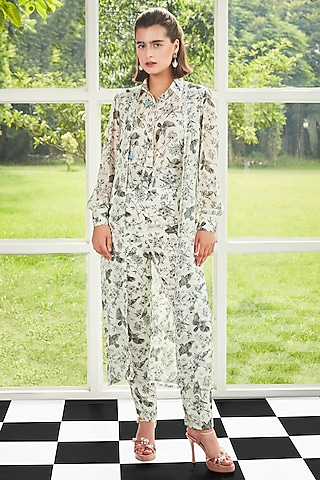Black & White Georgette Printed & Embroidered Co-Ord Set by Surabhi Gandhi