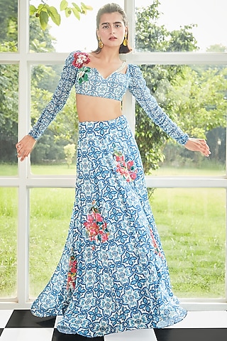 Blue & White Georgette Printed Lehenga Set by Surabhi Gandhi