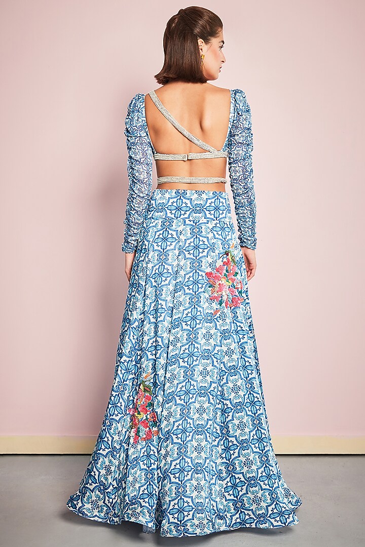 Blue & White Georgette Printed Wedding Lehenga Set by Surabhi Gandhi at Pernia's Pop Up Shop
