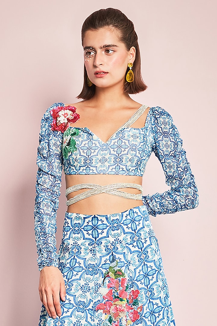 Blue & White Georgette Printed Wedding Lehenga Set by Surabhi Gandhi at Pernia's Pop Up Shop