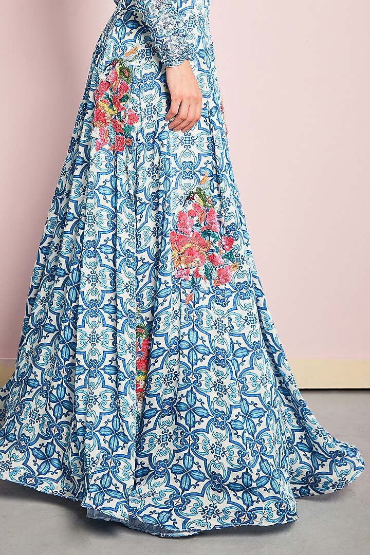 Blue & White Georgette Printed Wedding Lehenga Set by Surabhi Gandhi at Pernia's Pop Up Shop