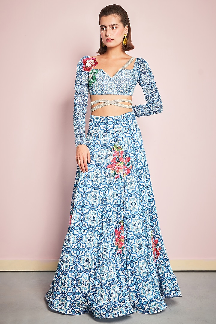 Blue & White Georgette Printed Wedding Lehenga Set by Surabhi Gandhi at Pernia's Pop Up Shop