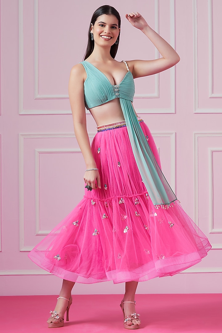 Hot Pink Embroidered Skirt Set by Surabhi Gandhi
