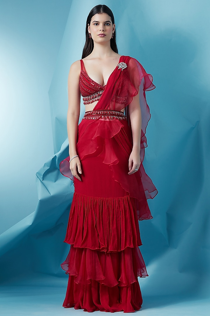 Red Georgette Draped Saree Set by Surabhi Gandhi