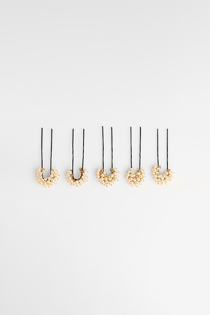 Gold Finish Pearl Hair Pins (Set Of 3) by Suhani Pittie