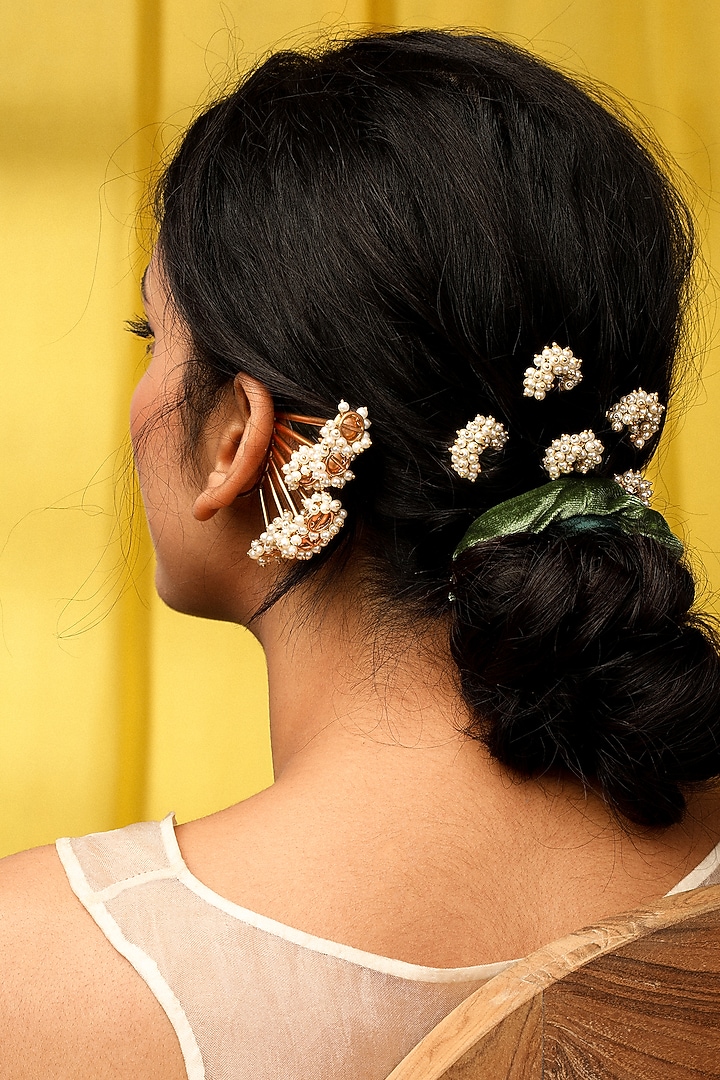Gold Finish Pearl Hair Pins (Set Of 3) by Suhani Pittie at Pernia's Pop Up Shop