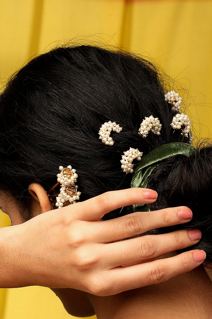 Gold Finish Pearl Hair Pins (Set Of 3) by Suhani Pittie at Pernia's Pop Up Shop