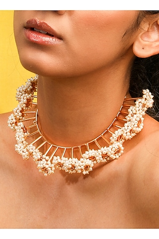 Gold Finish Pearl Choker Necklace by Suhani Pittie