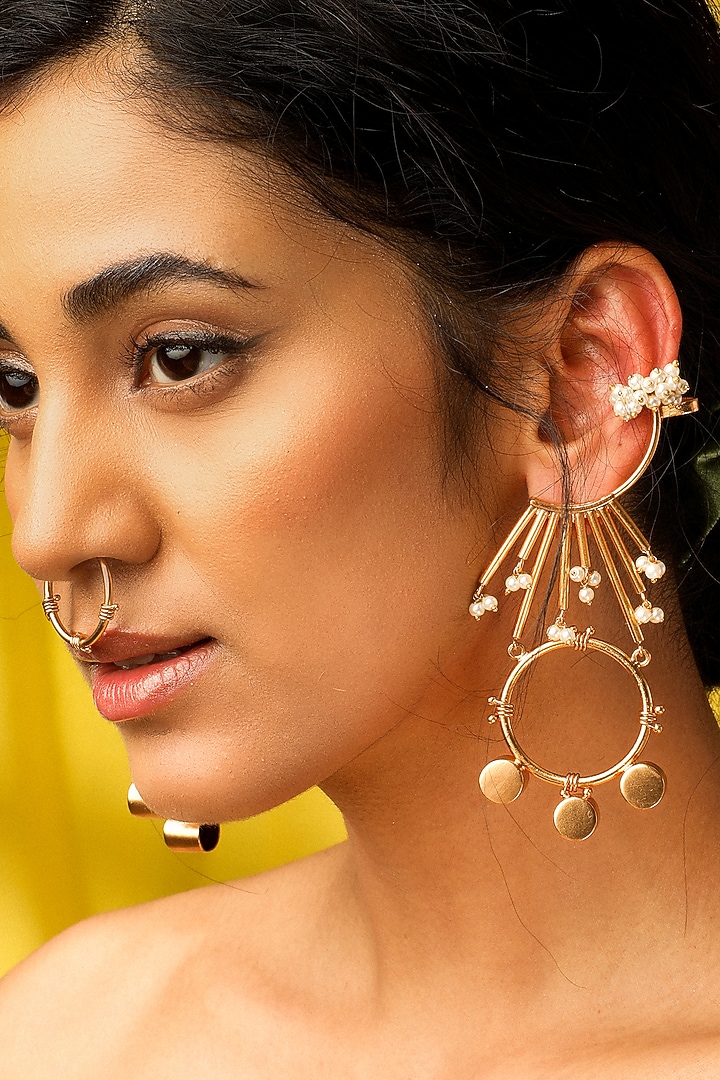 Gold Finish Pearl Dangler Earrings by Suhani Pittie at Pernia's Pop Up Shop