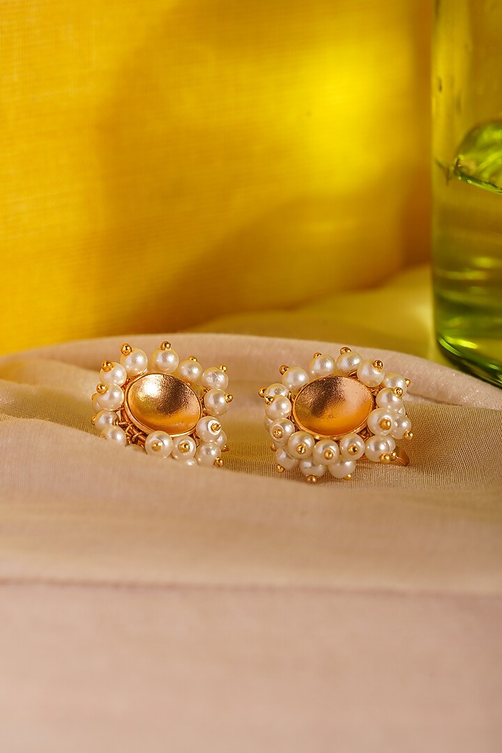 Gold Finish Pearl Stud Earrings by Suhani Pittie at Pernia's Pop Up Shop
