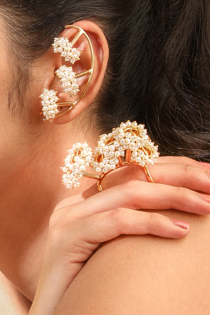 Gold Finish Pearl Ring by Suhani Pittie at Pernia's Pop Up Shop