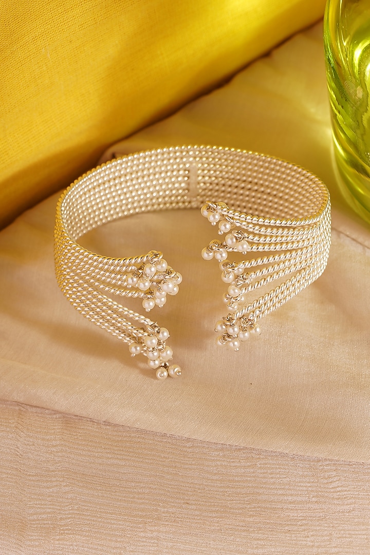 White Finish Pearl Hand Cuff by Suhani Pittie at Pernia's Pop Up Shop