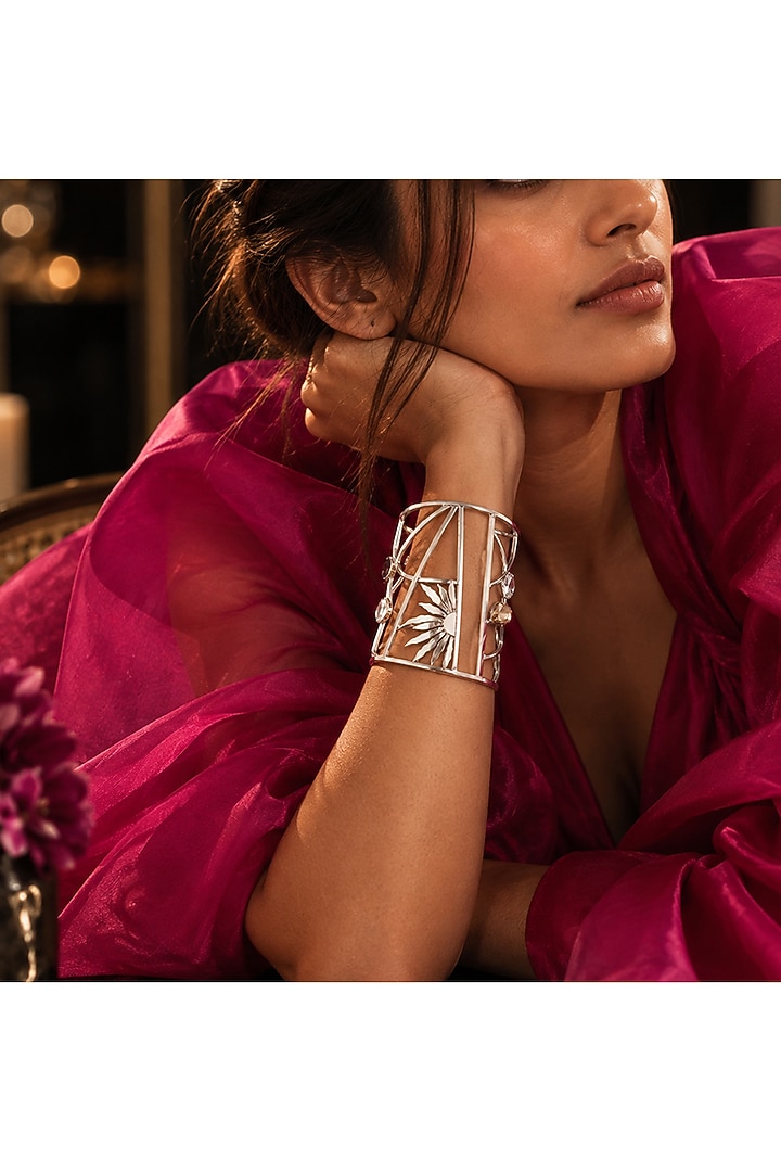Silver Finish Crystal Handcrafted Cuff by Suhani Pittie at Pernia's Pop Up Shop