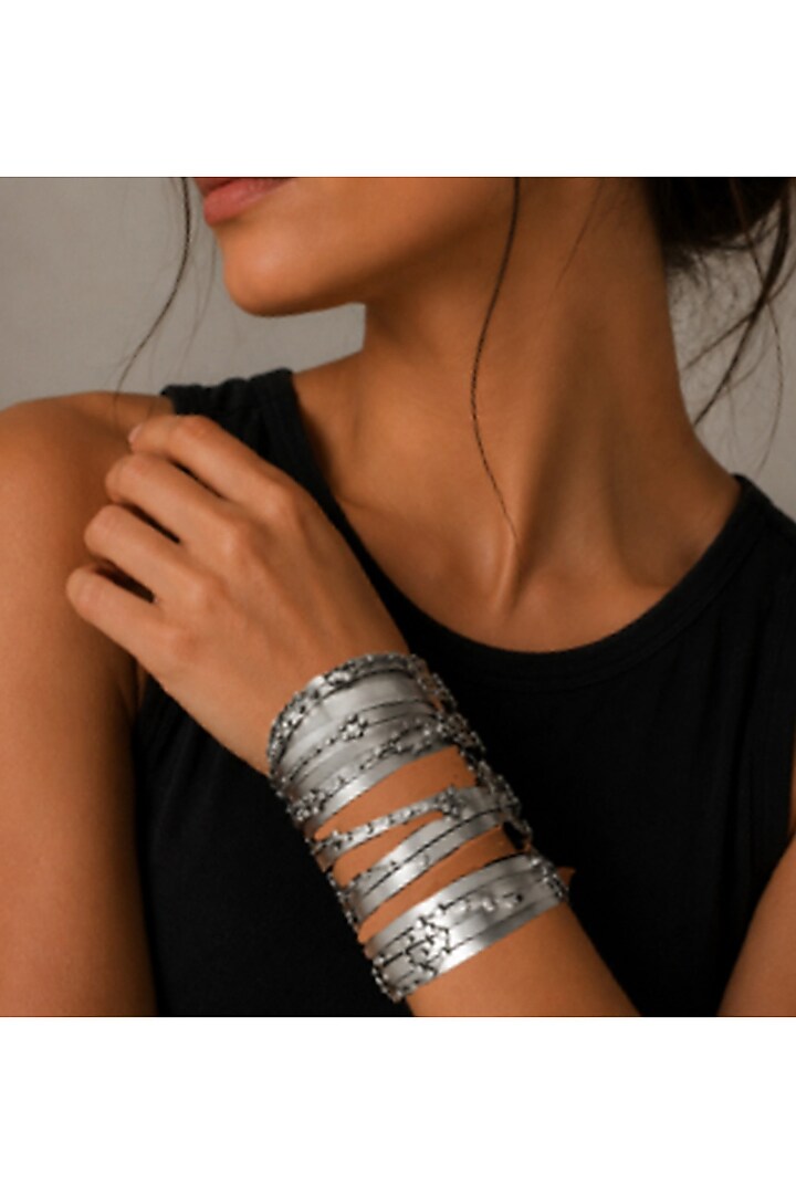 Silver Finish Metal Work Handcrafted Cuff Bangle by Suhani Pittie at Pernia's Pop Up Shop