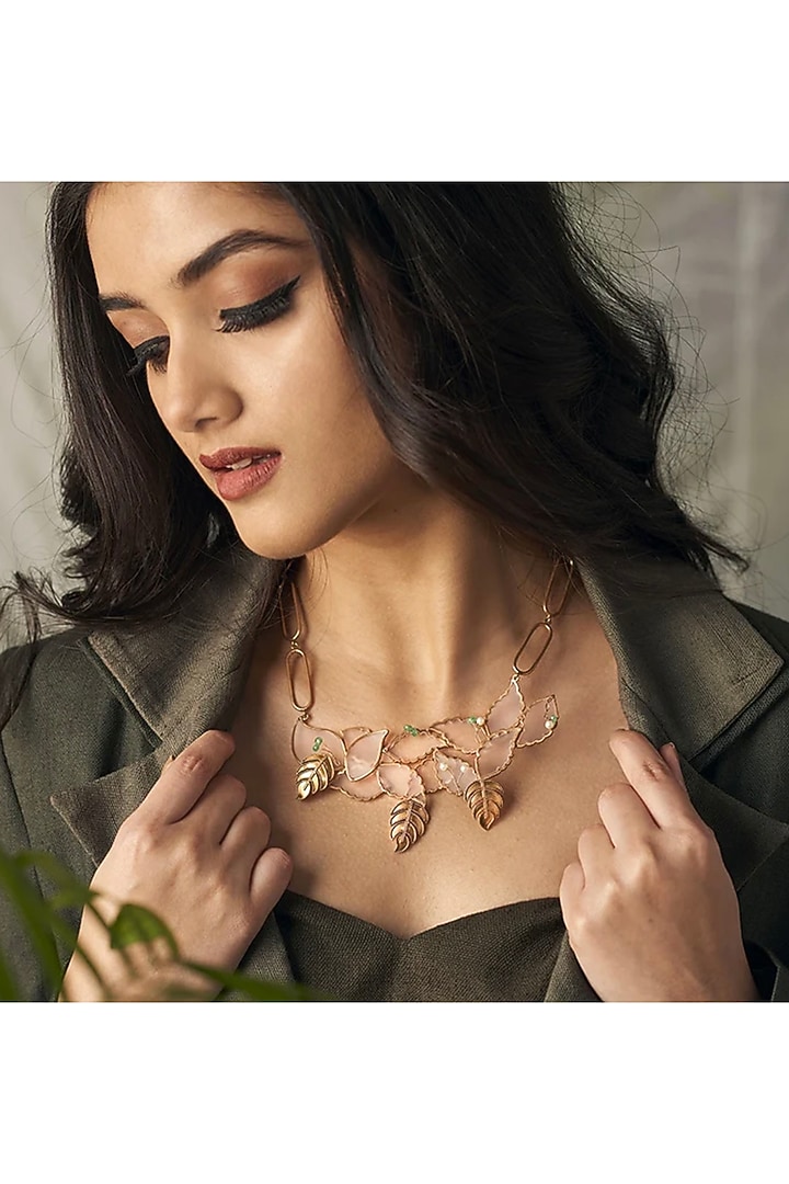 Gold Plated Emerald Stone Foliage Necklace by Suhani Pittie at Pernia's Pop Up Shop
