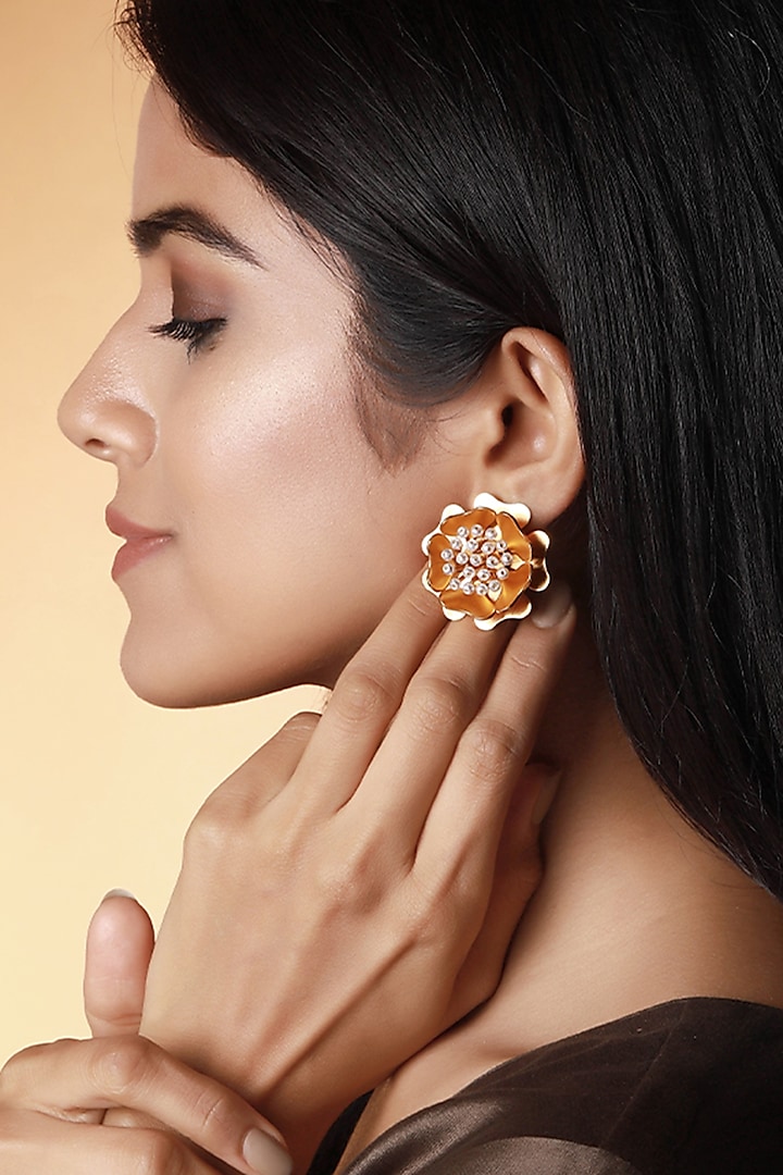 Gold Finish Pearl Stud Earrings by Suhani Pittie at Pernia's Pop Up Shop