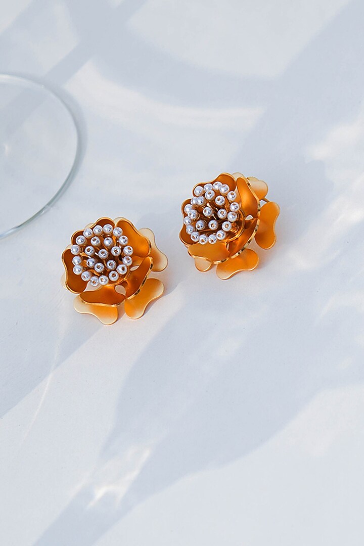 Gold Finish Pearl Stud Earrings by Suhani Pittie at Pernia's Pop Up Shop