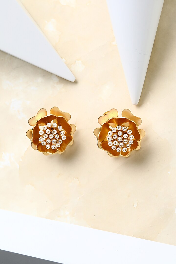 Gold Finish Pearl Stud Earrings by Suhani Pittie at Pernia's Pop Up Shop