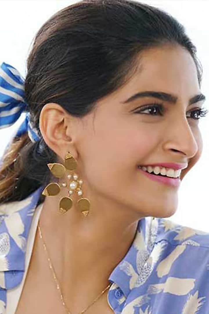 Gold Finish Pearl Stud Earrings by Suhani Pittie at Pernia's Pop Up Shop