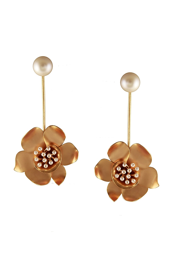 Gold Finish Pearl Dangler Earrings by Suhani Pittie at Pernia's Pop Up Shop