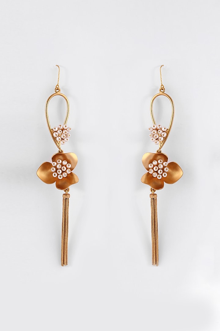 Gold Finish Pearl Dangler Earrings by Suhani Pittie at Pernia's Pop Up Shop