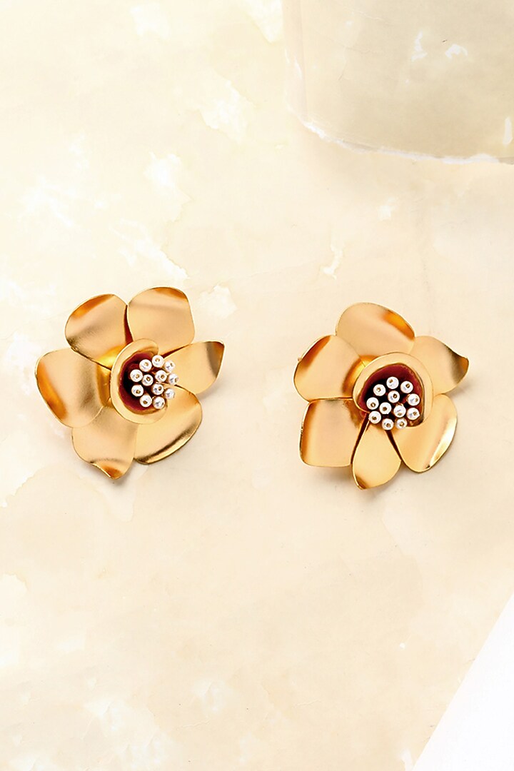 Gold Finish Pearl Stud Earrings by Suhani Pittie at Pernia's Pop Up Shop