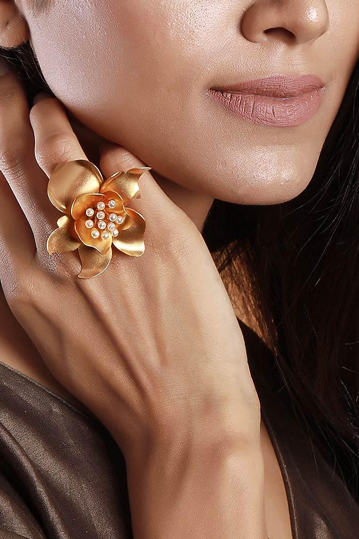 Gold Finish Pearl Ring by Suhani Pittie at Pernia's Pop Up Shop