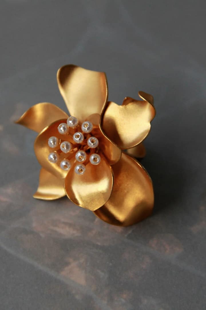 Gold Finish Pearl Ring by Suhani Pittie at Pernia's Pop Up Shop