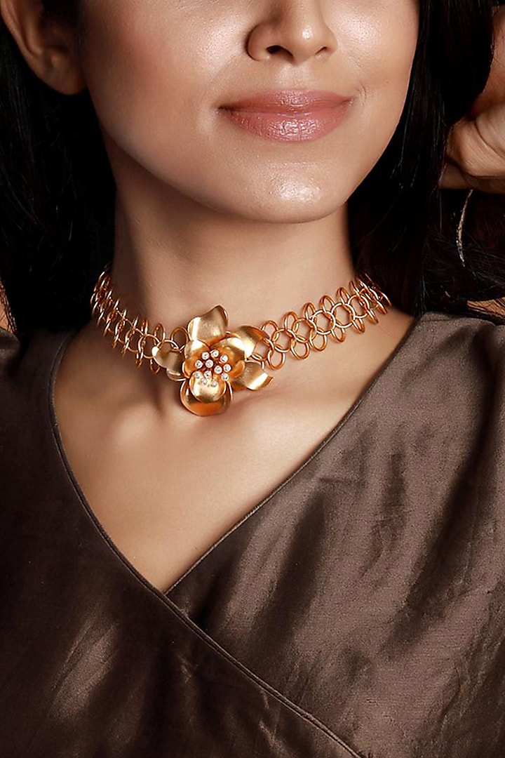 Gold Finish Pearl Links Choker Necklace by Suhani Pittie