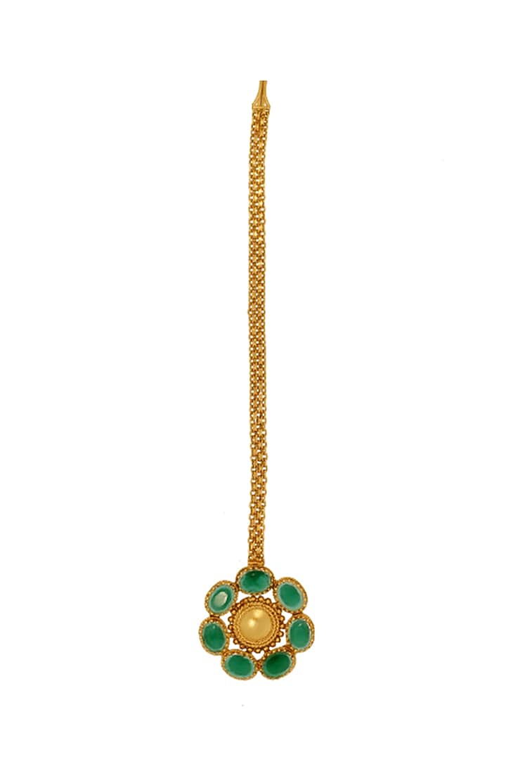Gold Finish Green Crystal Maangtikka by Suhani Pittie at Pernia's Pop Up Shop