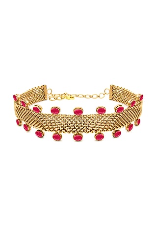 Gold Finish Pink Crystal Mesh Choker Necklace by Suhani Pittie