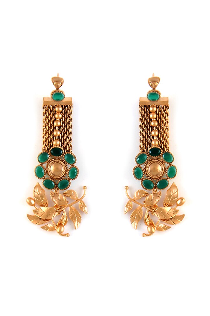Gold Finish Green Crystal Dangler Earrings by Suhani Pittie at Pernia's Pop Up Shop