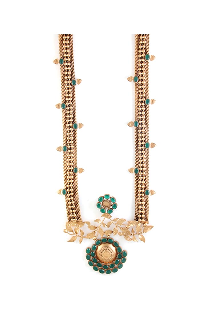 Gold Finish Green Crystal Long Mesh Necklace by Suhani Pittie at Pernia's Pop Up Shop