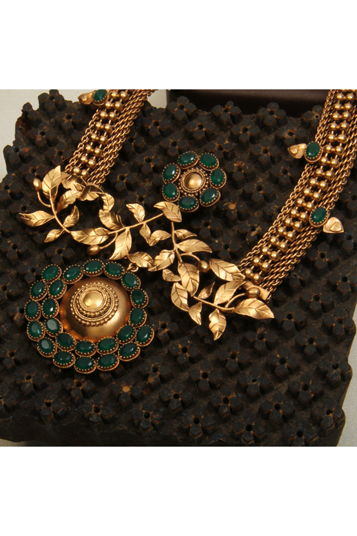 Gold Finish Green Crystal Long Mesh Necklace by Suhani Pittie at Pernia's Pop Up Shop